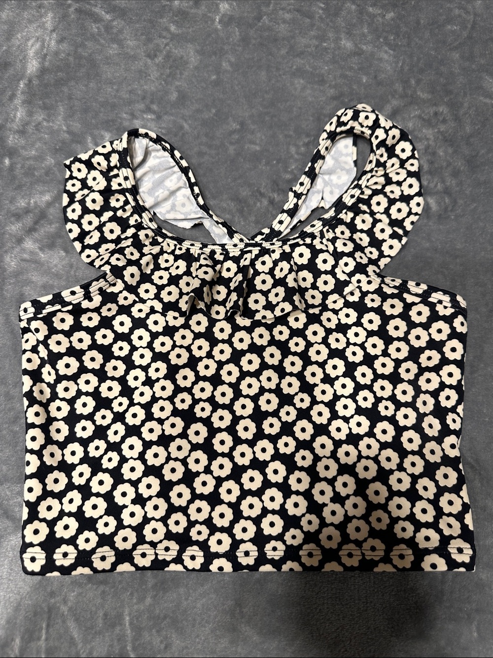 EUC Hanna Andersson Black & Cream Floral Ruffle-Neck Swim Top Sz US 10